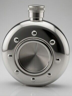Polished Silver Round Flask with Viewing Window. 5 Oz